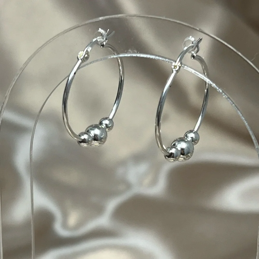 Sterling Silver Three 3 Ball Bead Hoop Earrings Classic Everyday Hoops - Picture 2 of 8